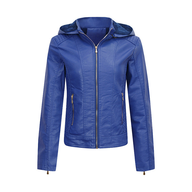 Women’s Clothing Fleece-lined Thickened Leather Coat Hooded - Blue / M