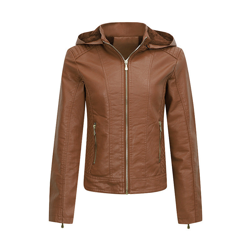 Women’s Clothing Fleece-lined Thickened Leather Coat Hooded - Caramel Color / M