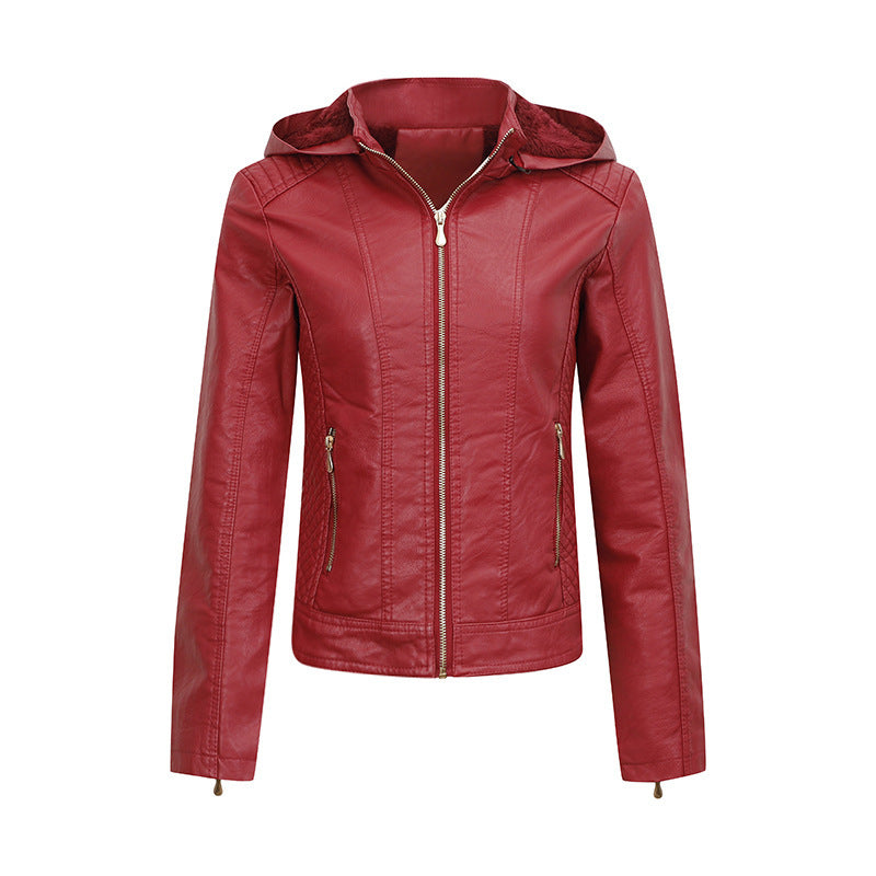 Women’s Clothing Fleece-lined Thickened Leather Coat Hooded - Wine Red / M