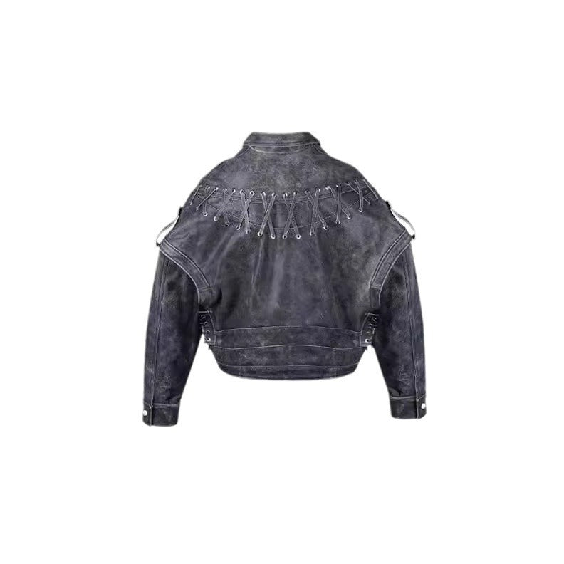Female Vintage Weave Leather Jacket Coat - Black / S