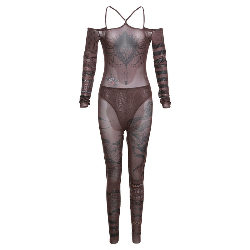 Off-shoulder Mesh Floral Print Jumpsuit High Waist Trousers Suit Women - Black / S