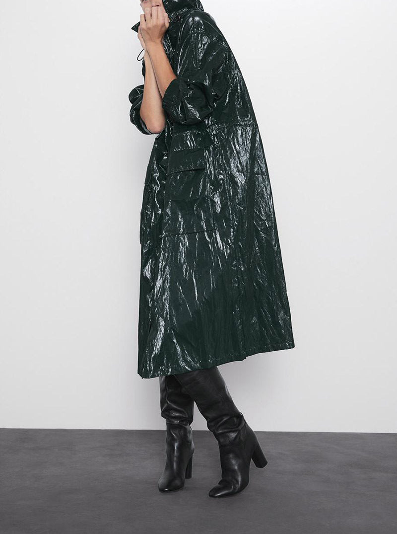 Women’s pleated shiny parka casual long trench coat
