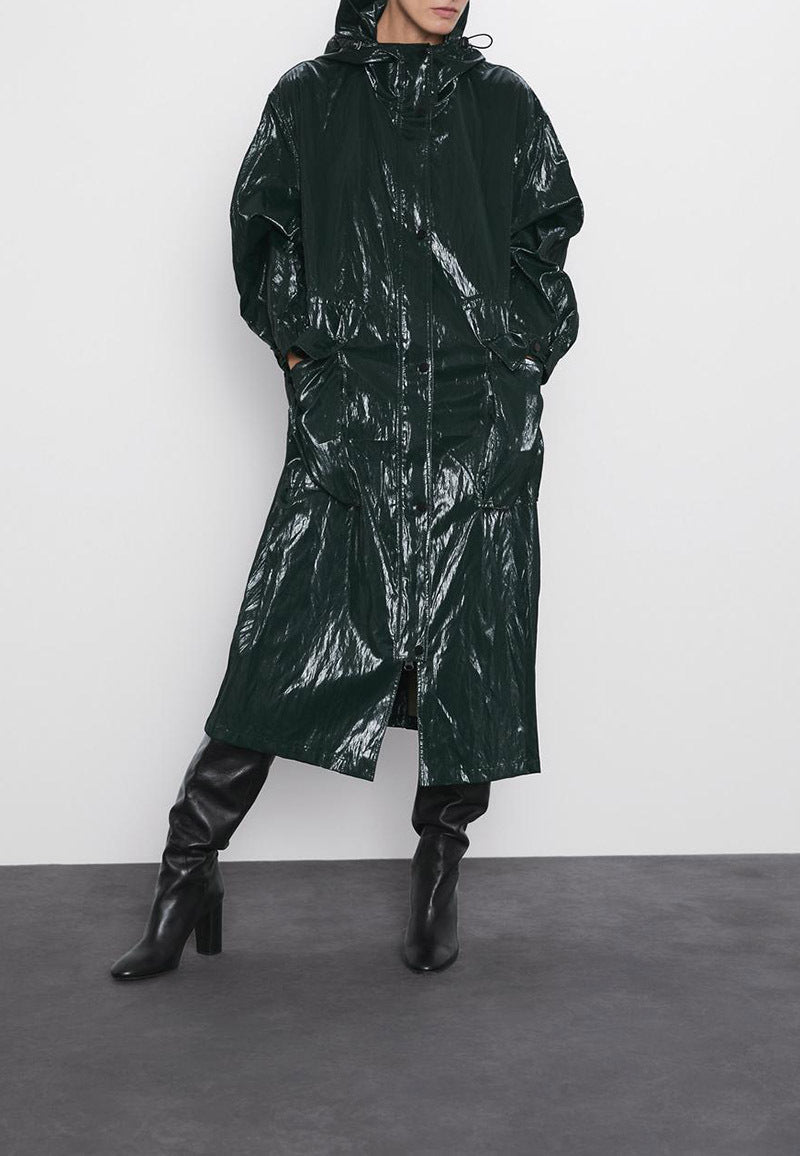 Women’s pleated shiny parka casual long trench coat
