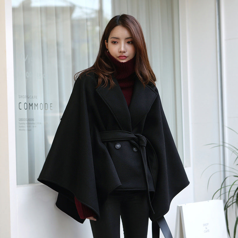 Lace-up Shawl Cape Thickened Coat Woolen - Black / S