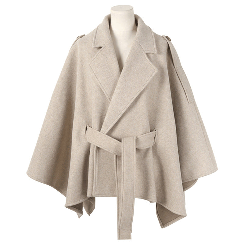 Lace-up Shawl Cape Thickened Coat Woolen - Khaki / S