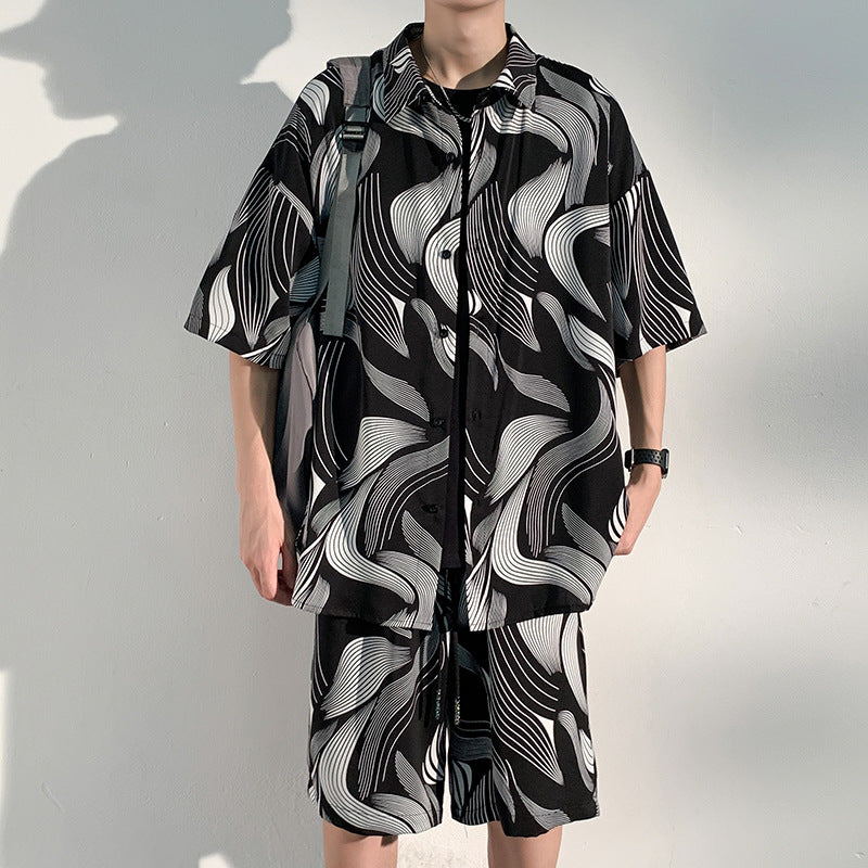 Cool Feeling Ice Silk Short Sleeve Shirt Shorts Loose And Handsome Clothes Set - Black / M