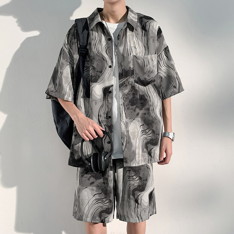 Cool Feeling Ice Silk Short Sleeve Shirt Shorts Loose And Handsome Clothes Set - D174 Gray Suit / M