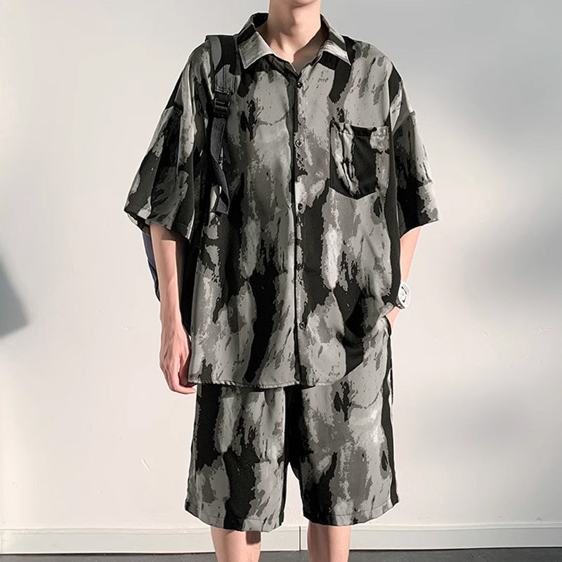 Cool Feeling Ice Silk Short Sleeve Shirt Shorts Loose And Handsome Clothes Set - D170 Gray Suit / M