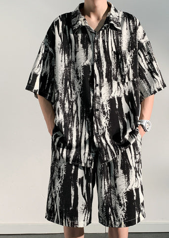 Cool Feeling Ice Silk Short Sleeve Shirt Shorts Loose And Handsome Clothes Set - D172 Suit Black / M