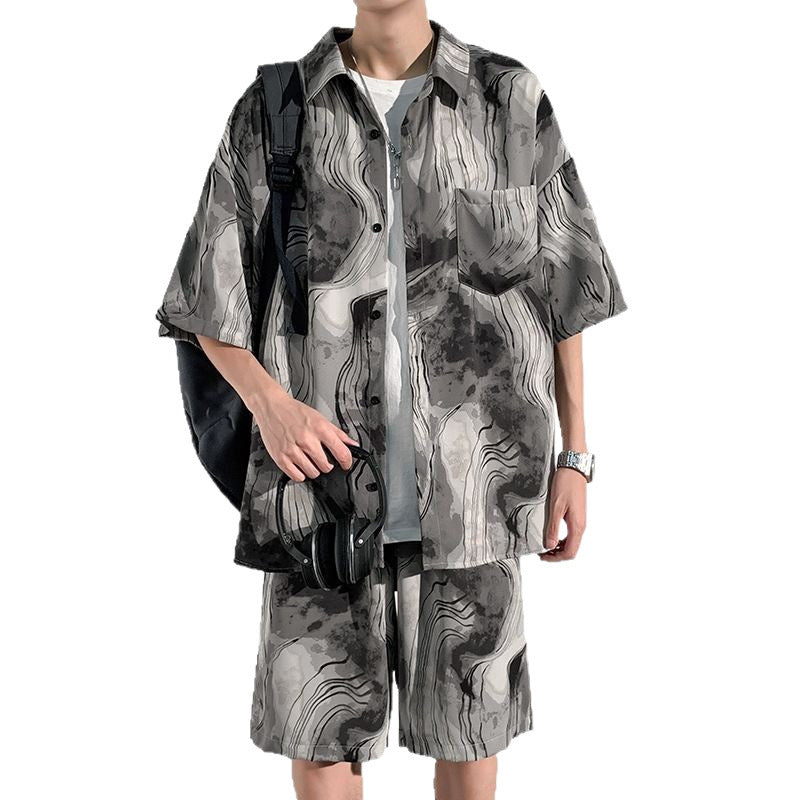 Cool Feeling Ice Silk Short Sleeve Shirt Shorts Loose And Handsome Clothes Set