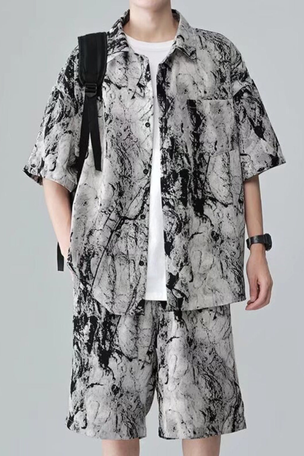 Cool Feeling Ice Silk Short Sleeve Shirt Shorts Loose And Handsome Clothes Set - D171 Gray Suit / M