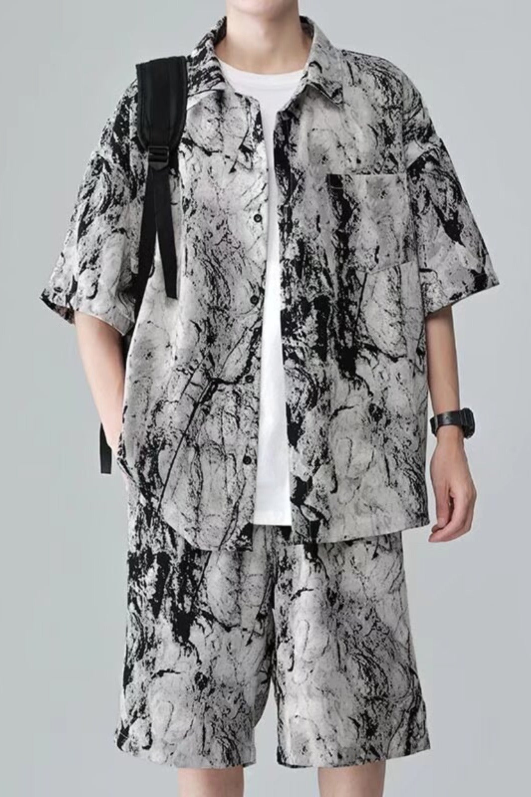 Cool Feeling Ice Silk Short Sleeve Shirt Shorts Loose And Handsome Clothes Set - D171 Gray Suit / M