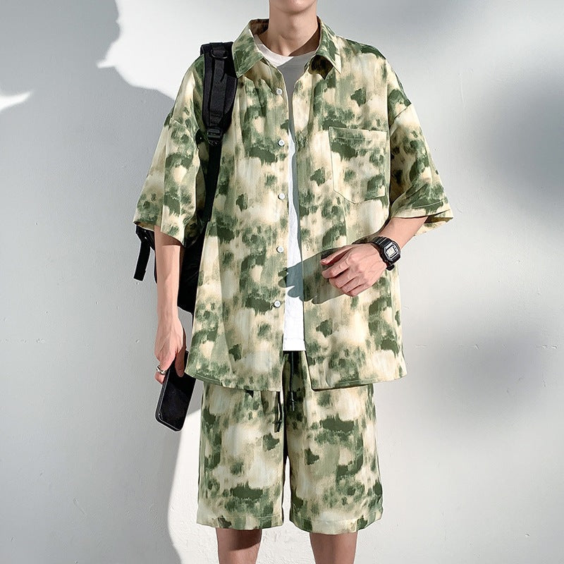Cool Feeling Ice Silk Short Sleeve Shirt Shorts Loose And Handsome Clothes Set - D175 Suit Green / M