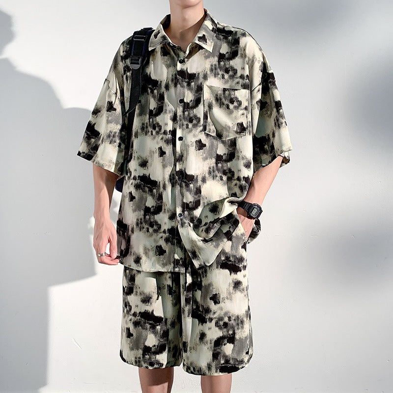 Cool Feeling Ice Silk Short Sleeve Shirt Shorts Loose And Handsome Clothes Set