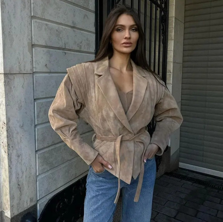 Waist Trimming Lace Up Suede Fabric Jacket - Dark Brown / S