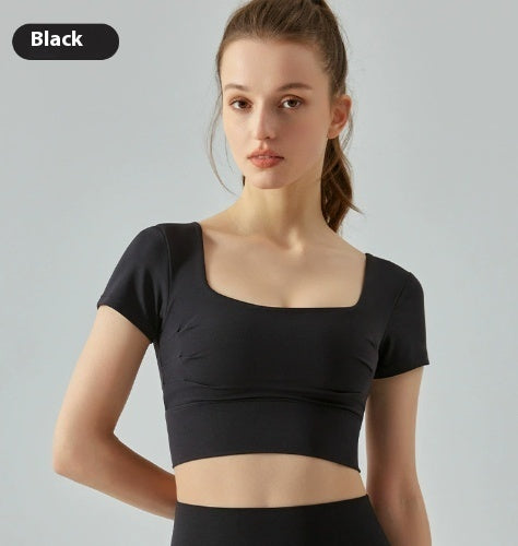 Hollow-out Beauty Back Yoga Short Sleeve Women’s Removable Chest Pad Workout Top - S / Black