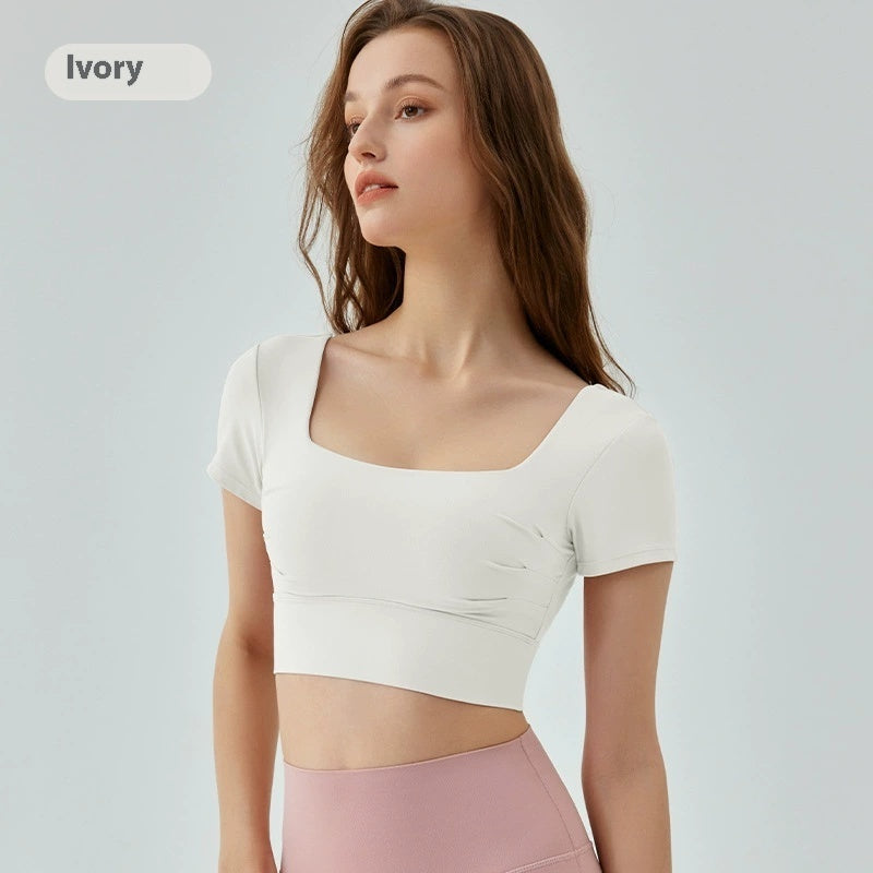 Hollow-out Beauty Back Yoga Short Sleeve Women’s Removable Chest Pad Workout Top - S / Ivory White