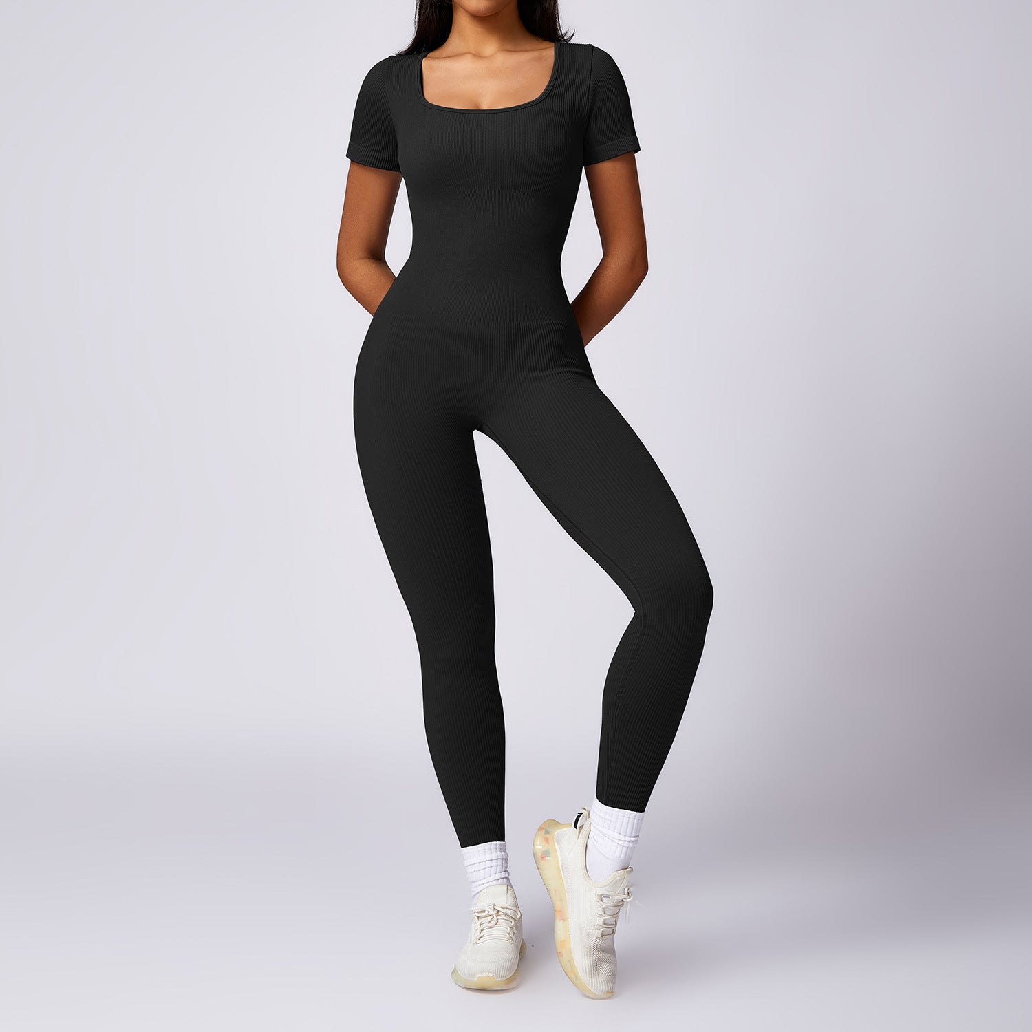 Women’s Tight Seamless Back One-piece High-strength Thread Short-sleeved Fitness Sports Jumpsuit - Advanced Black / S