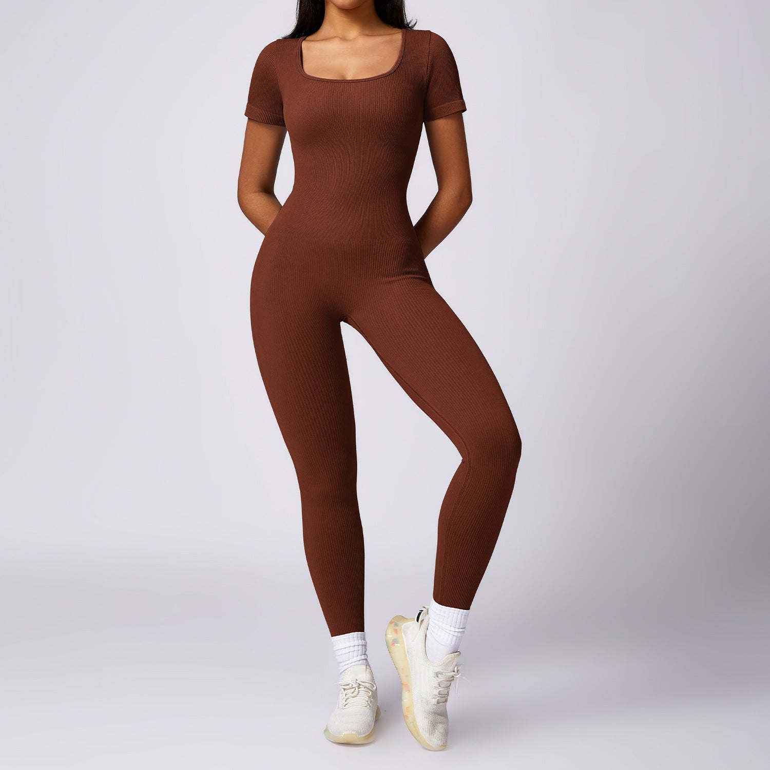 Women’s Tight Seamless Back One-piece High-strength Thread Short-sleeved Fitness Sports Jumpsuit - Brown / S
