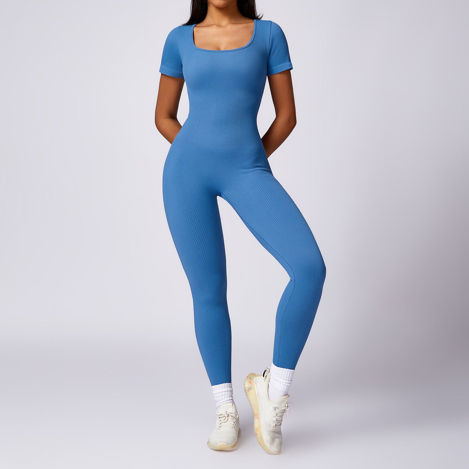 Women’s Tight Seamless Back One-piece High-strength Thread Short-sleeved Fitness Sports Jumpsuit - Cloudy Blue / S