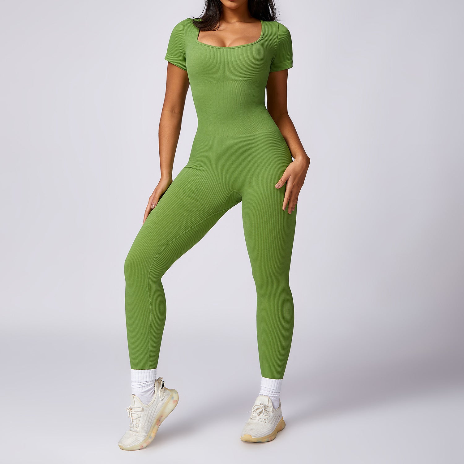 Women’s Tight Seamless Back One-piece High-strength Thread Short-sleeved Fitness Sports Jumpsuit - Deep Grass Green / S