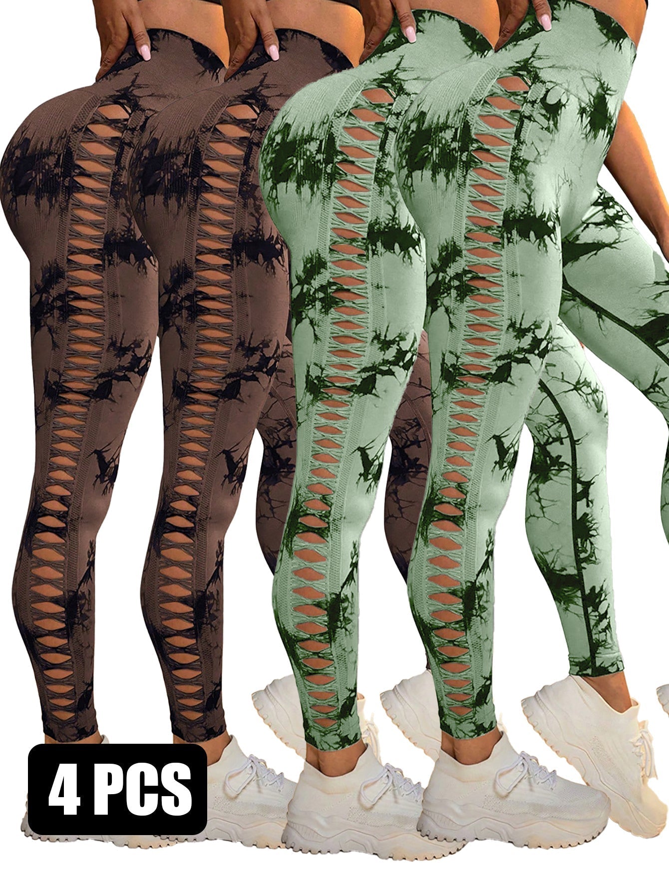 4PCS Tie-dye Cut-out Leggings Sports Leggings - 2COF2LGN / S - 5