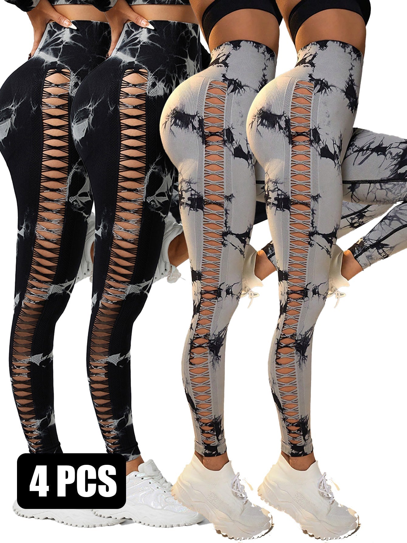 4PCS Tie-dye Cut-out Leggings Sports Leggings - 2DGY2BLK / S - 5