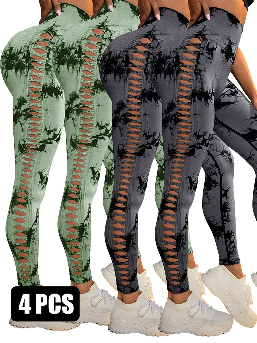 4PCS Tie-dye Cut-out Leggings Sports Leggings - 2LGN2DGY / S - 5