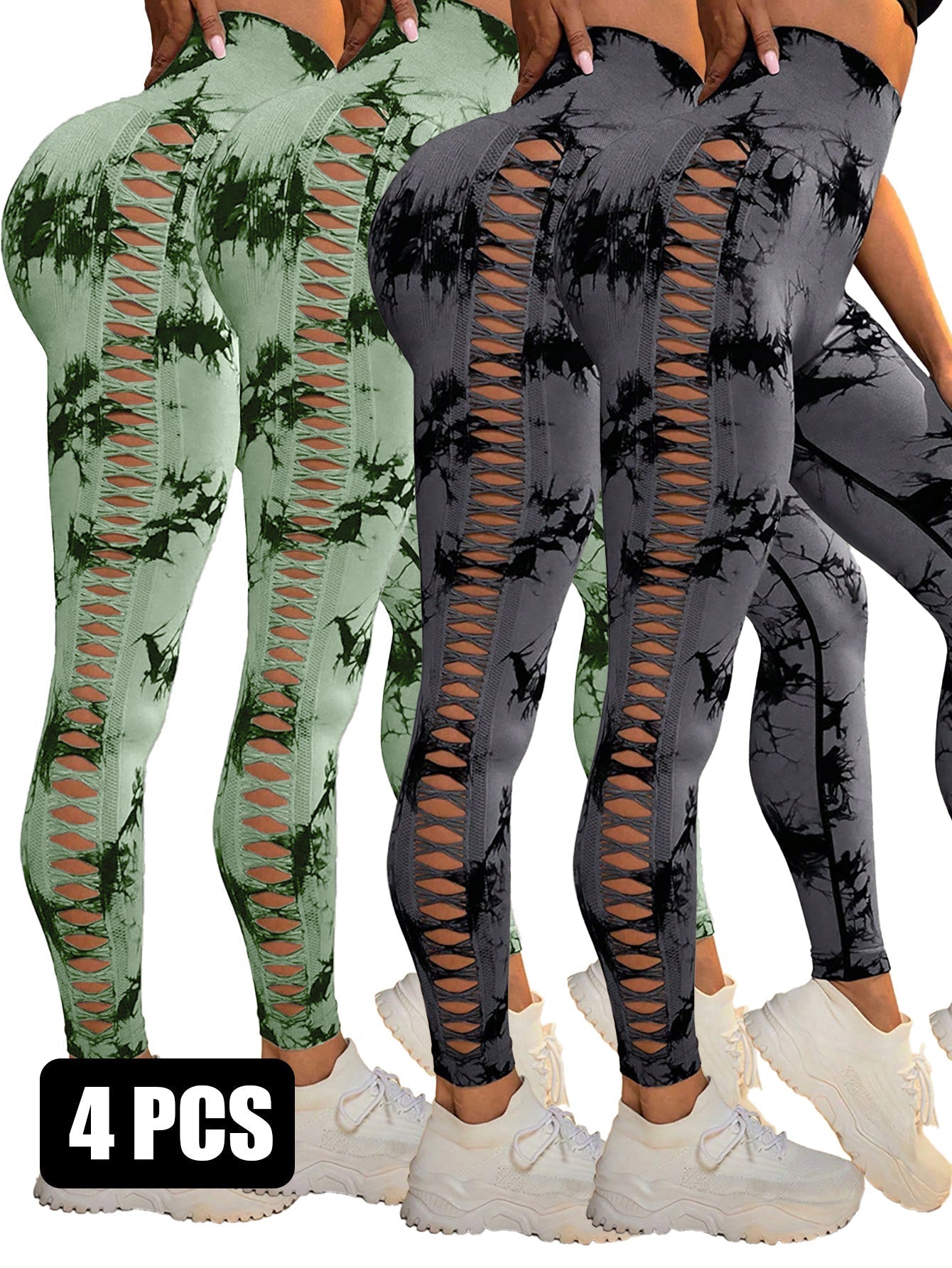 4PCS Tie-dye Cut-out Leggings Sports Leggings - 2LGN2DGY / S - 5