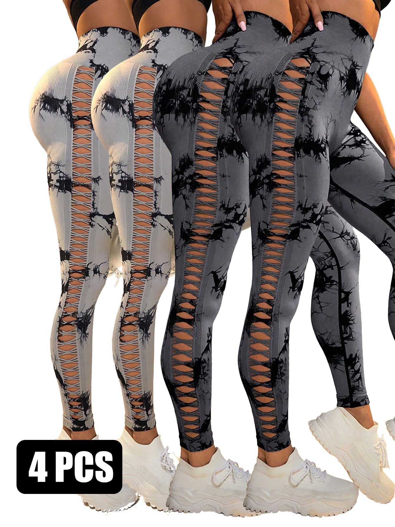 4PCS Tie-dye Cut-out Leggings Sports Leggings - 2LGY2DGY / S - 5