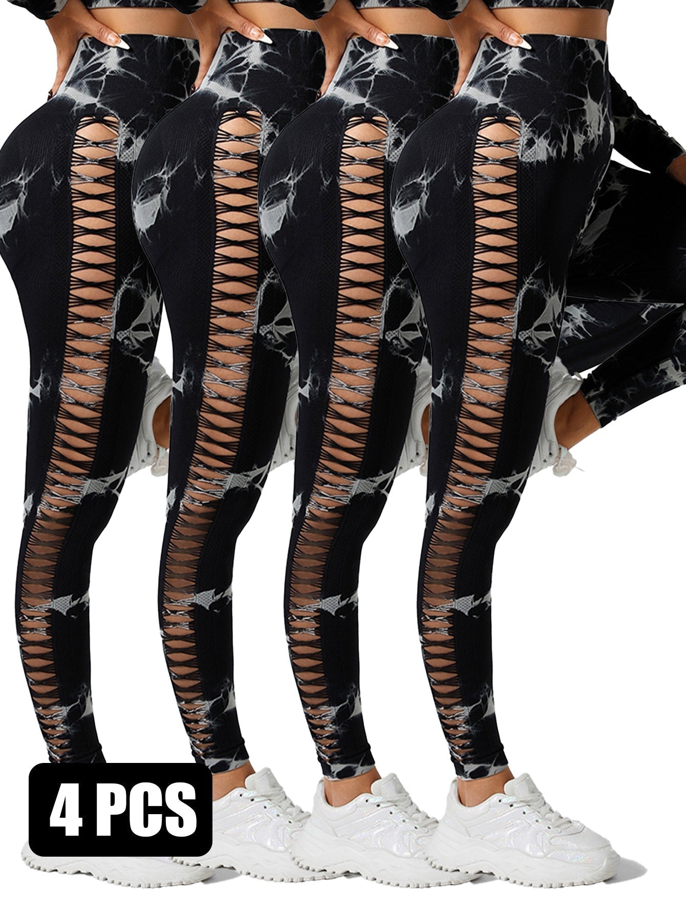 4PCS Tie-dye Cut-out Leggings Sports Leggings - 4BLK / S - 5