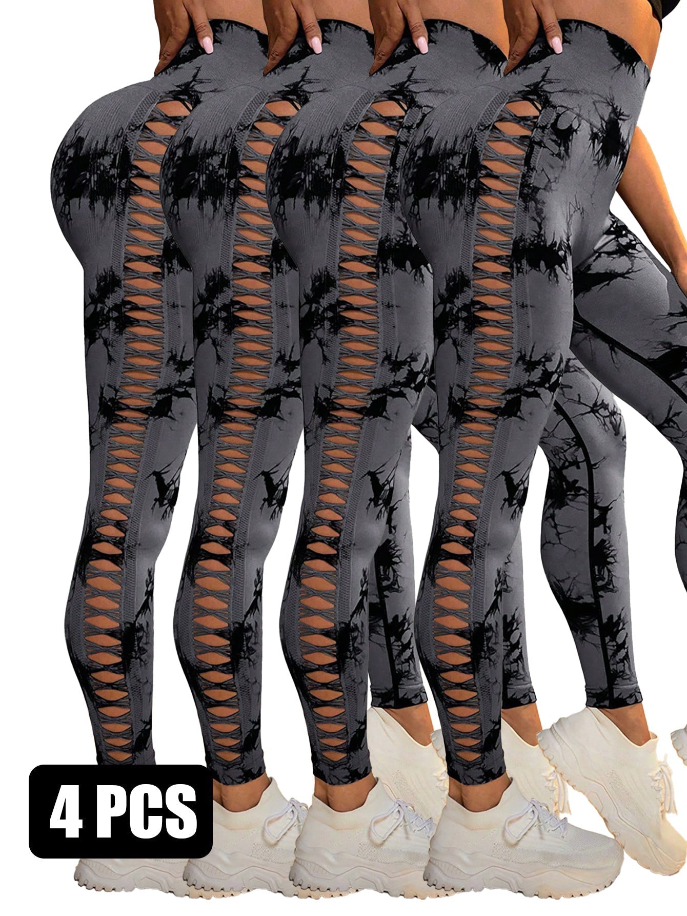 4PCS Tie-dye Cut-out Leggings Sports Leggings - 4DGY / S - 5