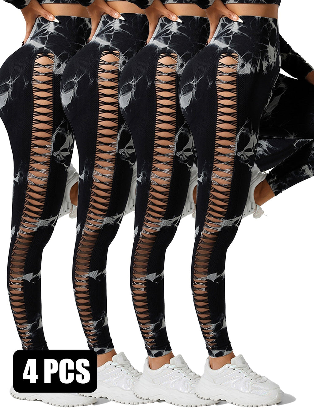 4PCS Tie-dye Cut-out Leggings Sports Leggings - 5