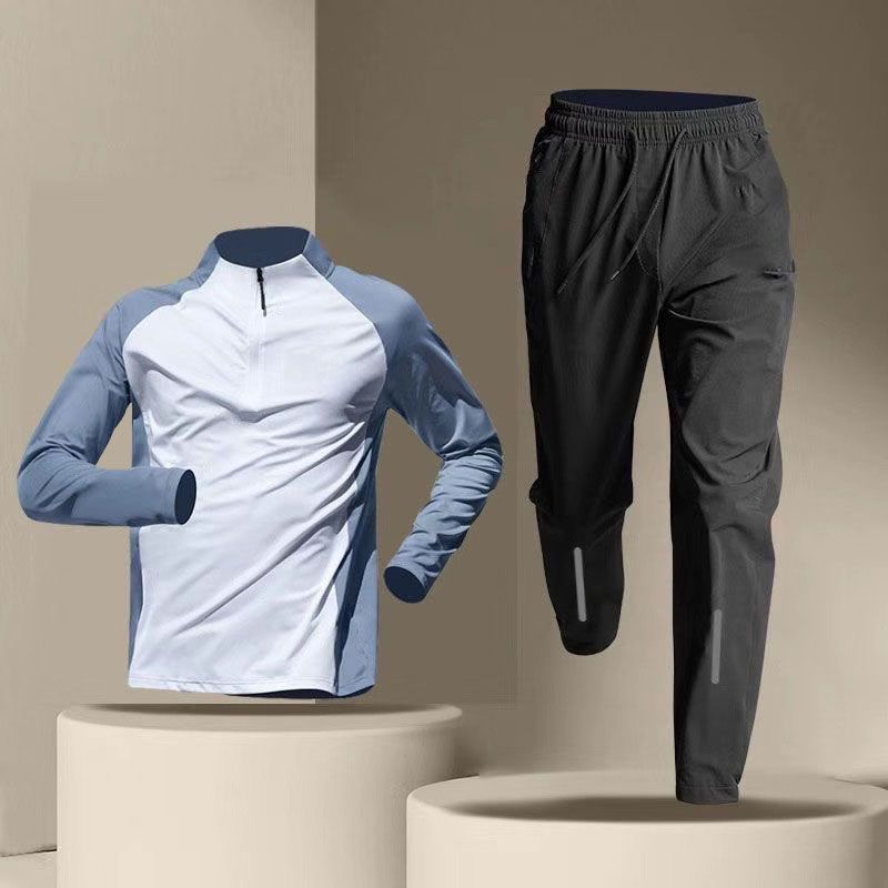 Half Zipper Training Wear Men’s Quick Drying Clothes Long Sleeve Trousers Suit - White Light Blue Set / M