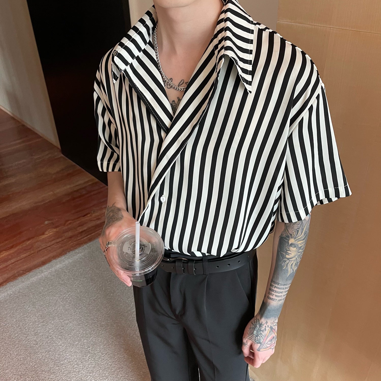 Men’s Slanted Placket Striped Lapel Shirt