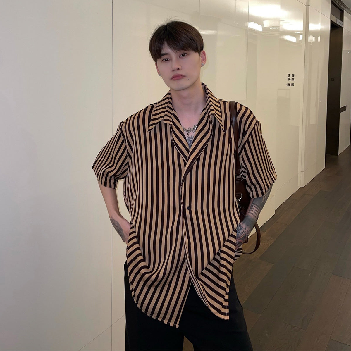Men’s Slanted Placket Striped Lapel Shirt