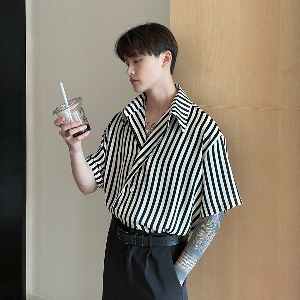 Men’s Slanted Placket Striped Lapel Shirt