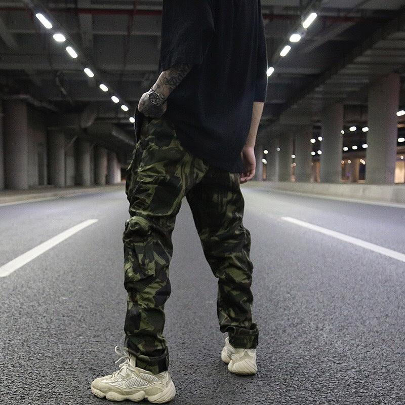 Multi-pocket camouflage straight pants