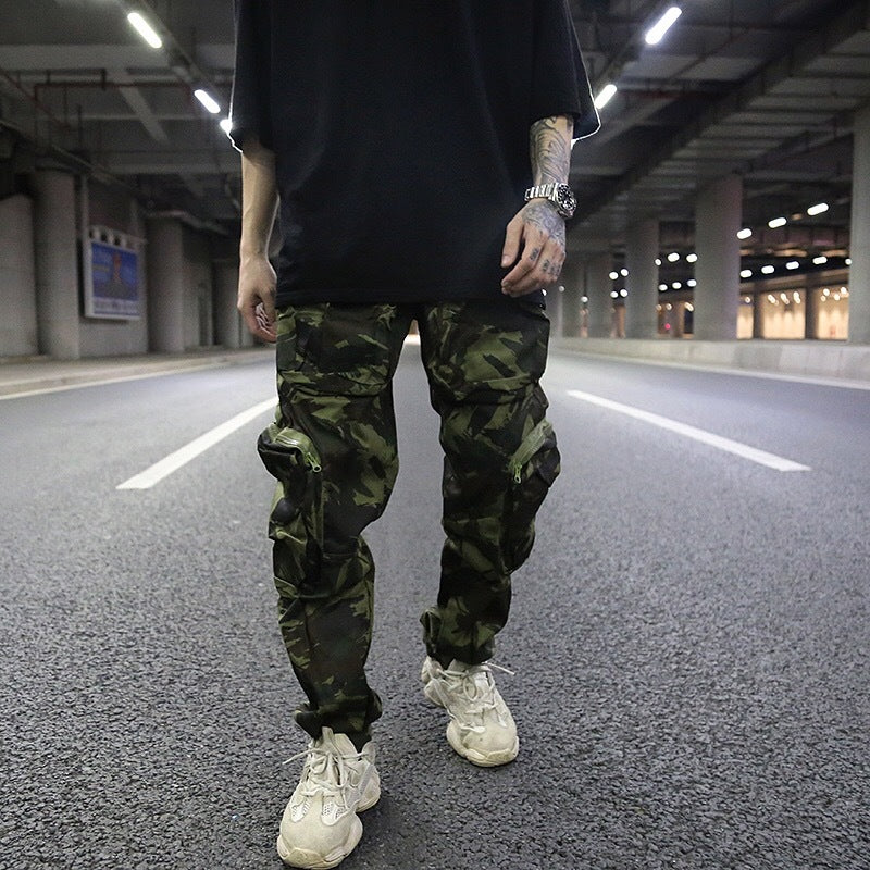 Multi-pocket camouflage straight pants