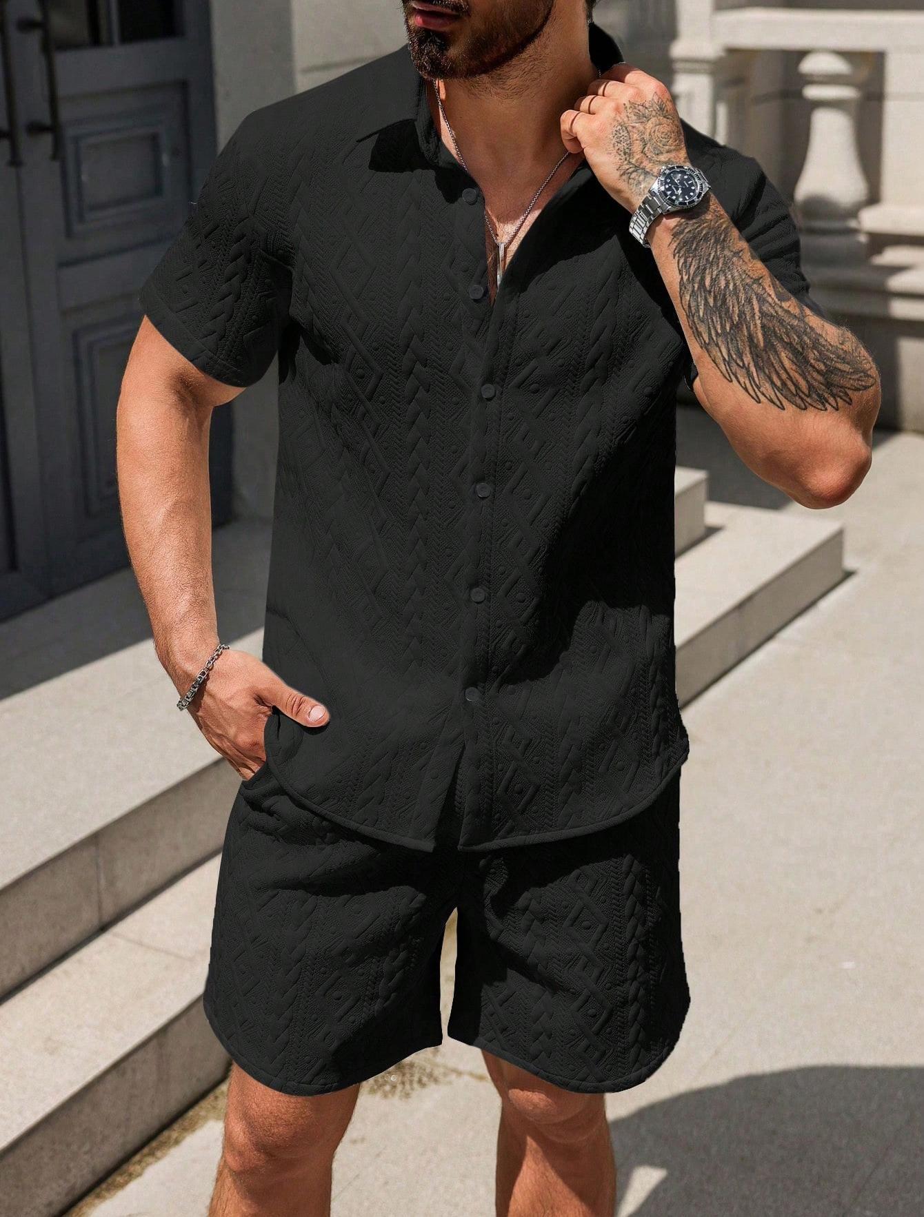 Men’s Shirt Casual Loose Short Sleeves Shorts - Black / S