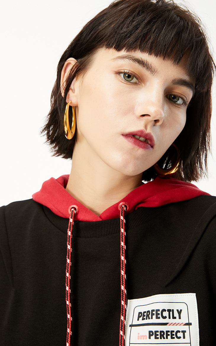 New Round Collar Patch Print Loose Hoodie Lady