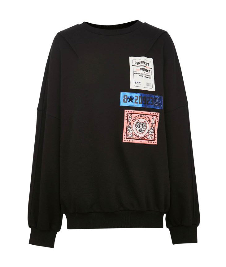 New Round Collar Patch Print Loose Hoodie Lady - Black / XS