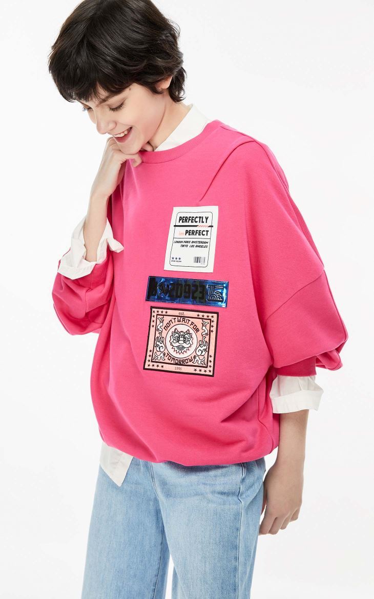 New Round Collar Patch Print Loose Hoodie Lady - Pink / XS