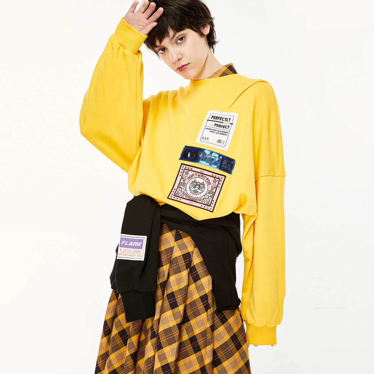 New Round Collar Patch Print Loose Hoodie Lady - Yellow / XS