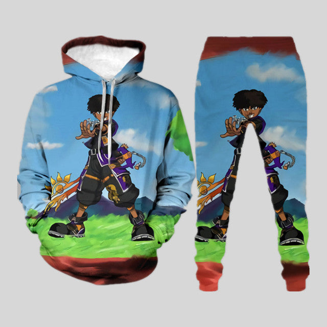 Men’s 3d Digital Printing Loose Pullover Sweater Trousers Suit - 3 Style / S