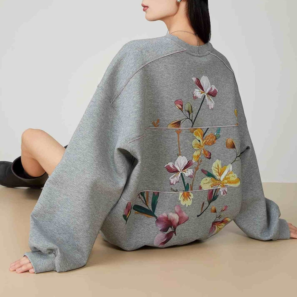 Gray Printing Crew Neck Pullover Sweatshirt - Grey / L
