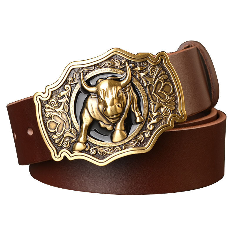 Men’s Copper Buckle Head Layer Cowhide Plate Buckle Smooth Buckle Belt