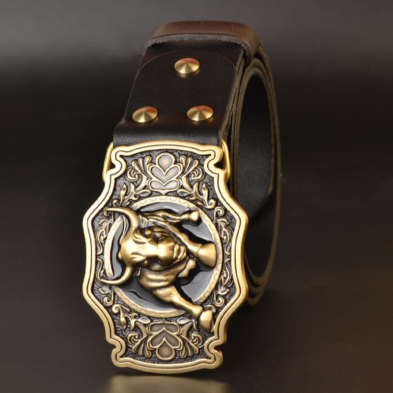 Men’s Copper Buckle Head Layer Cowhide Plate Buckle Smooth Buckle Belt