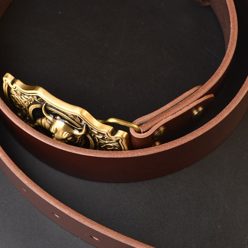 Men’s Copper Buckle Head Layer Cowhide Plate Buckle Smooth Buckle Belt