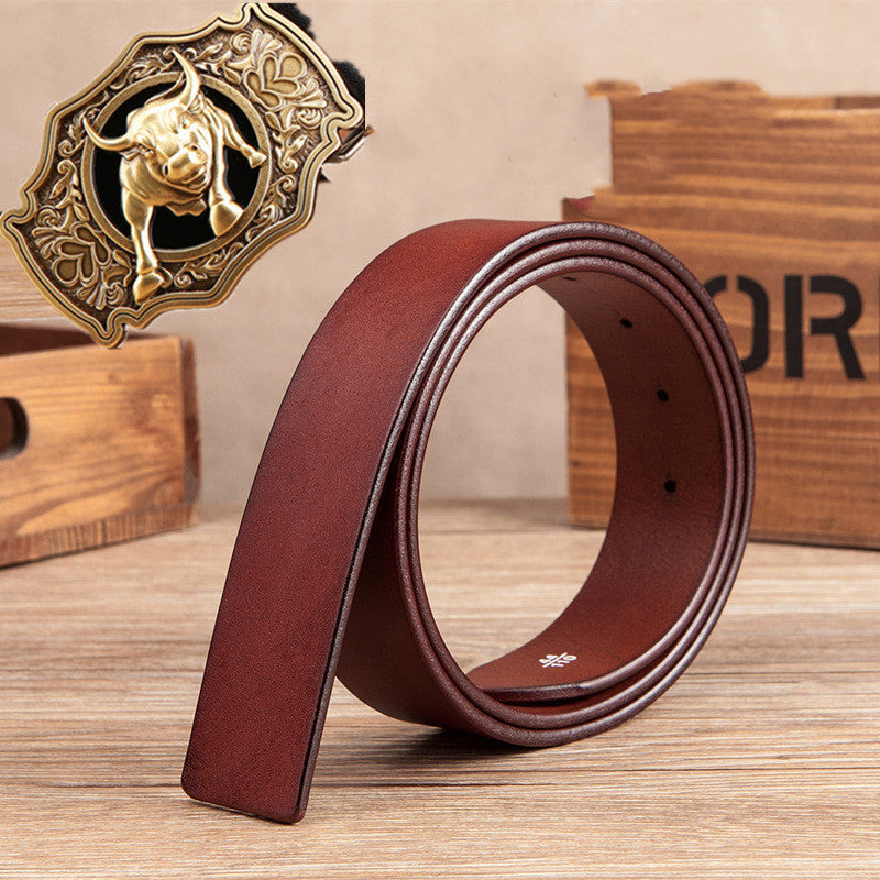Men’s Copper Buckle Head Layer Cowhide Plate Buckle Smooth Buckle Belt - Brown / 121cm